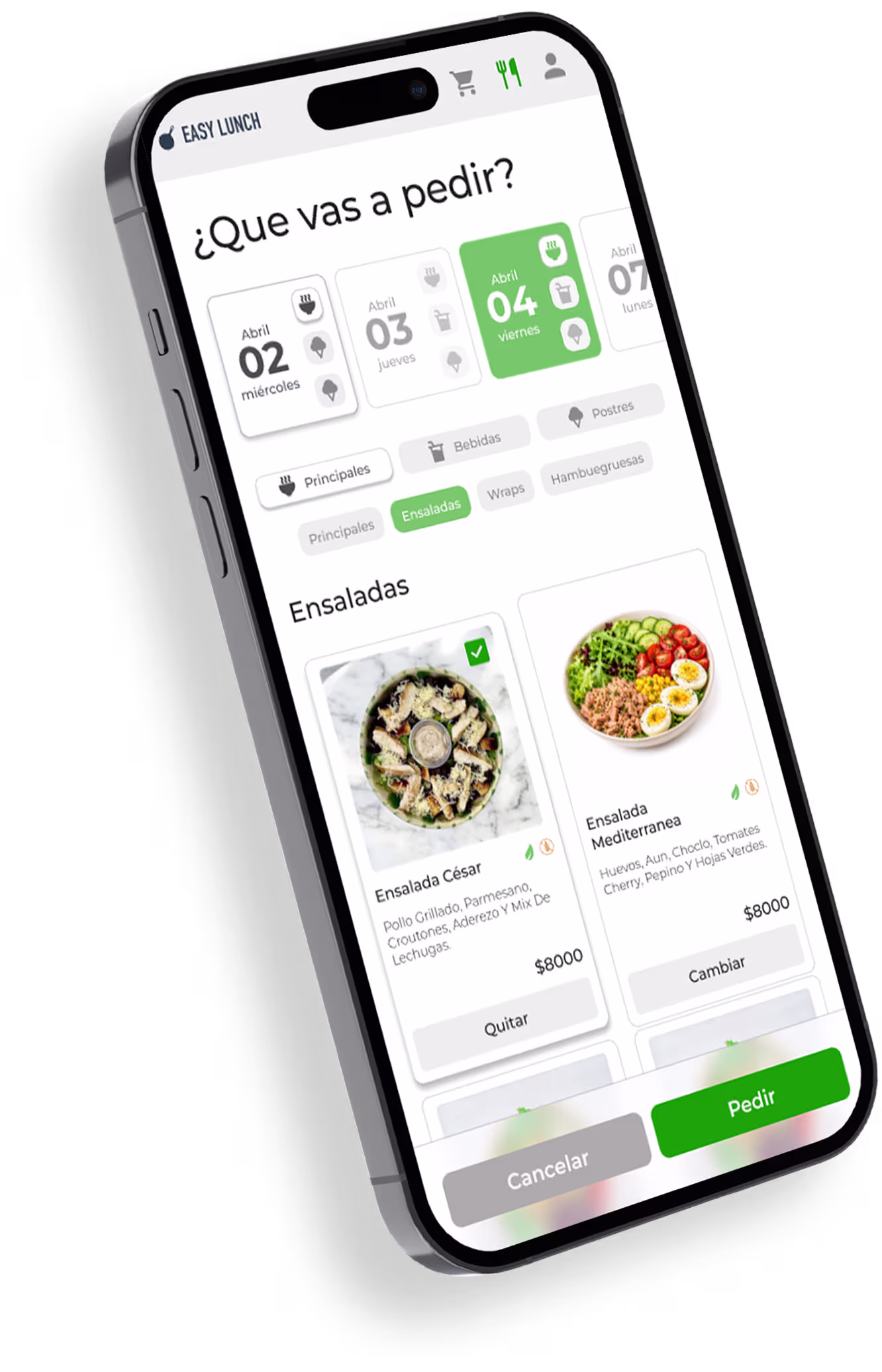Selección de menú en la app de pedidos de Easy Lunch