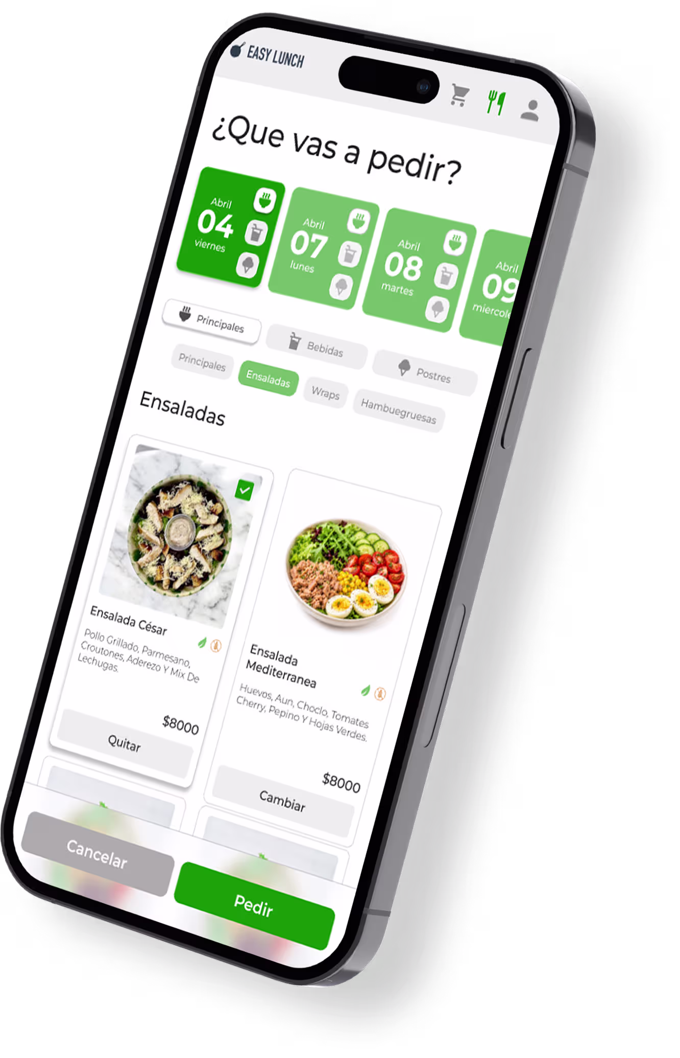 Programación mensual de almuerzos en la app de Easy Lunch