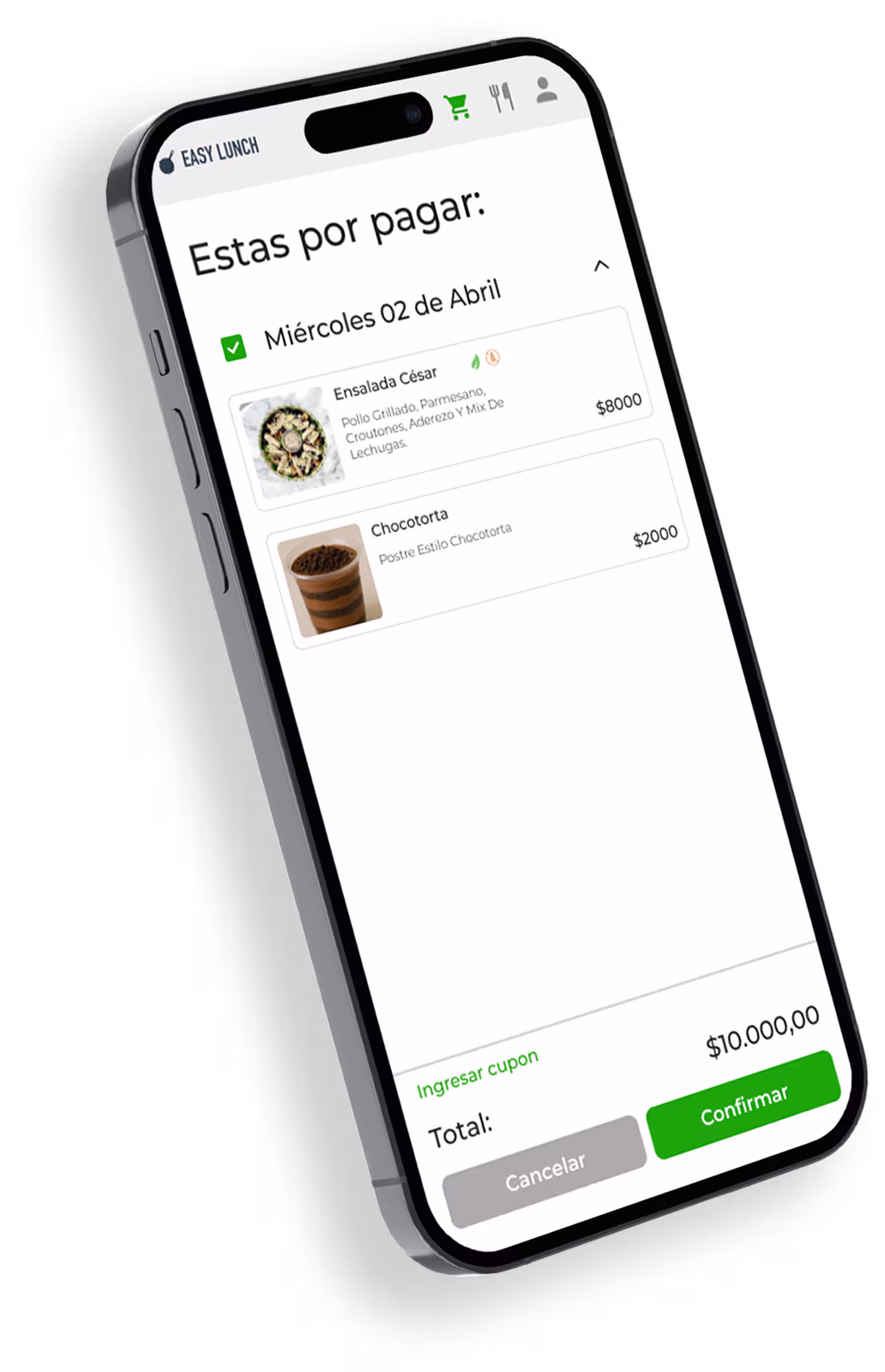 Pago de un pedido de almuerzo desde la app de Easy Lunch
